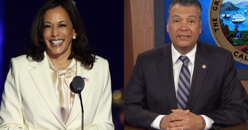 Kamala Harris at a podium in a white suit and pussy bow blouse / Alex Padilla sitting behind a desk in a suit