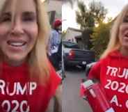 An anti-lockdown protester wearing a 'Trump 2020' shirt was filmed spewing homophobic slurs at a rally in Los Angeles.