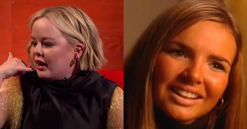 Nicola Coughlan pretends to be on the phone with her hand and a young Nadine Coyle looks at the camera smiling