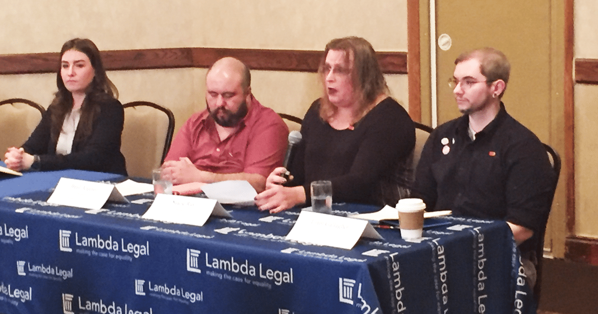 Lambda Legal fellow Kara Ingelhart, plaintiffs Basil Argento and Stacie Ray, Liam Gallagher with ACLU of Ohio