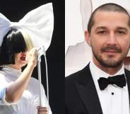 Sia wearing half-black, half-white wig and a huge white bow atop her head / Shia LaBeouf in a tuxedo