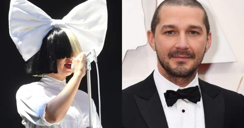 Sia wearing half-black, half-white wig and a huge white bow atop her head / Shia LaBeouf in a tuxedo