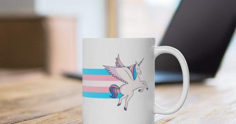 The trans flag unicorn rainbow mug available from the PinkNews store