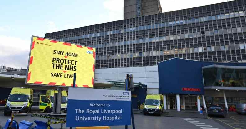 A Covid warning outside Royal Liverpool University hospital in Liverpool, north west England on January 5