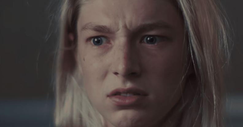 Extreme close up of a worried Jules (Hunter Schafer)