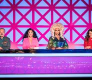 Drag Race UK's big purple judging panel, with Graham, Michelle , RuPaul and Elizabeth Hurley