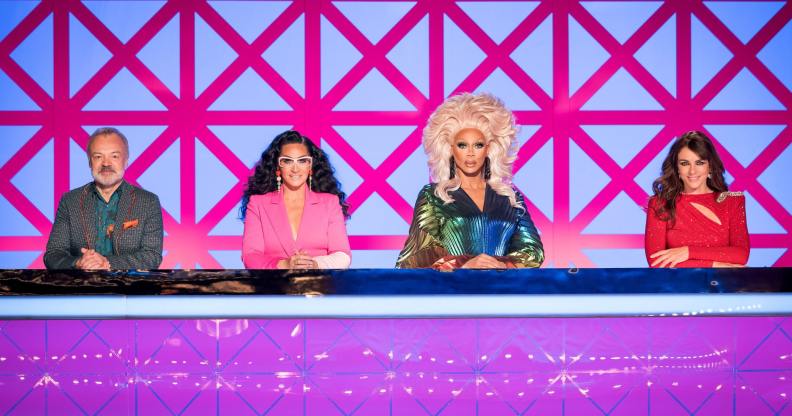 Drag Race UK's big purple judging panel, with Graham, Michelle , RuPaul and Elizabeth Hurley