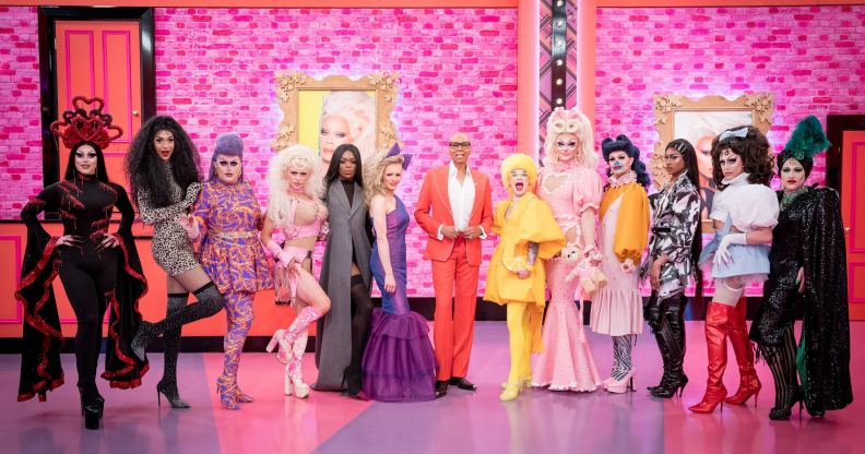 The new cast of Drag Race UK with RuPaul in the werk room