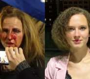 Therese Duke covered in blood. Helena Duke looks to the camera in a black top and pastel pink blazer