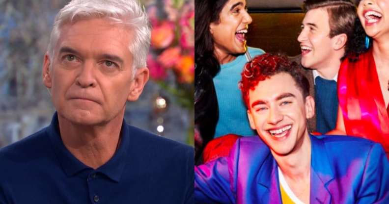 Phillip Schofield on This Morning, looking unimpressed / It's a Sin screen grab showing three young men and a woman laughing in the back of a cab