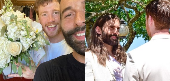 Jonathan Van Ness and Mark Peacock take a selfie in front of a bouquet of flowers (L) and wear white suits while looking into one another's eyes