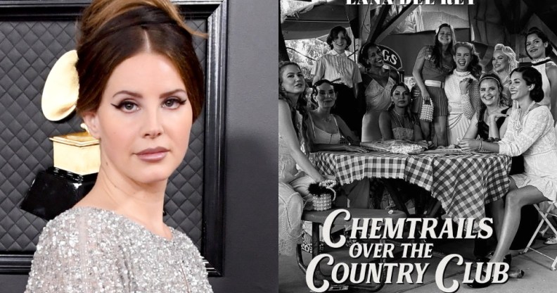 Lana Del Rey and her new Chemtrails album cover showing her at a gingham-covered table with friends