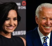 (L) Demi Lovato smiles in a black dress. (R) Joe Biden smiles in a blue polka-dot tie, white shirt and blue blazer