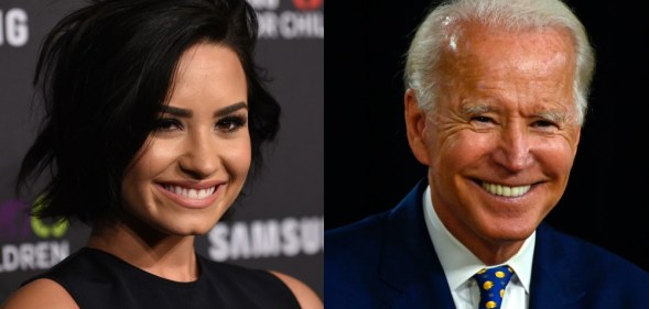 (L) Demi Lovato smiles in a black dress. (R) Joe Biden smiles in a blue polka-dot tie, white shirt and blue blazer