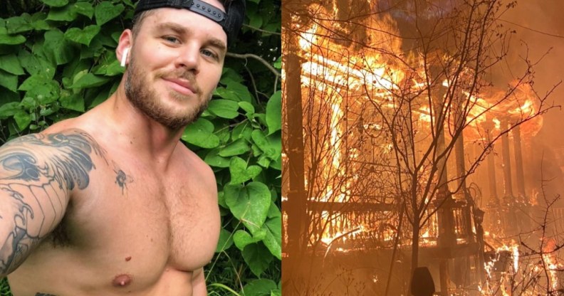 (L) Matthew Camp, shirtless and wearing a backwards black baseball cap, smiles to the camera. (R) A two-storey home engulfed in flames