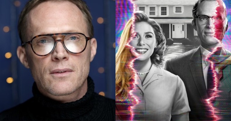 Paul Bettany wearing glasses and a black roll-neck / a WandaVision promo pic of Wanda and Vision in black and white, with the image distorting to reveal their usual superhero appearances