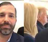 Donald Trump Jr smiles to the camera as his father watches footage of his supporters at a rally