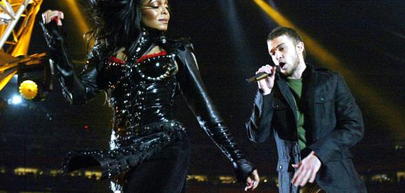 Janet Jackson and Justin Timberlake perform at half-time at Super Bowl XXXVIII at Reliant Stadium