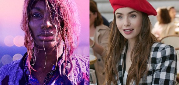 Michaela Coel with wet pink hair in front of a pink sunrise / Lily Collins in a red beret