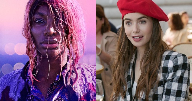 Michaela Coel with wet pink hair in front of a pink sunrise / Lily Collins in a red beret