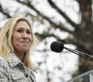 Majorie Taylor Greene qanon speaking before a crowd