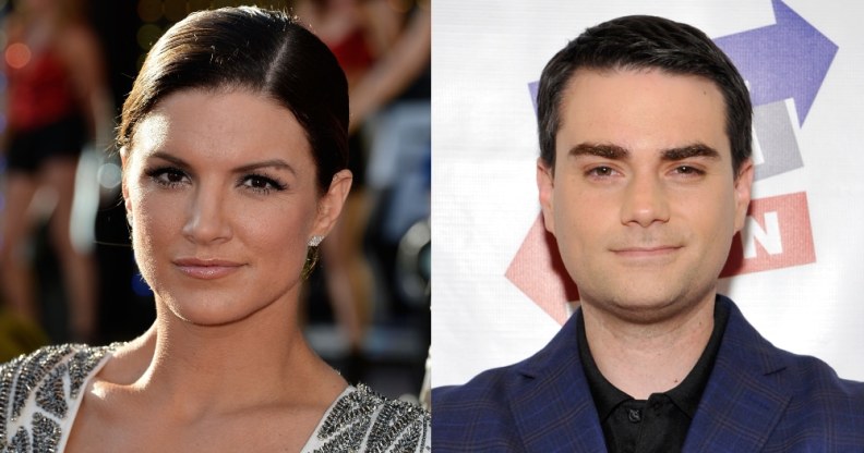 Headshots of Gina Carano and Ben Shapiro