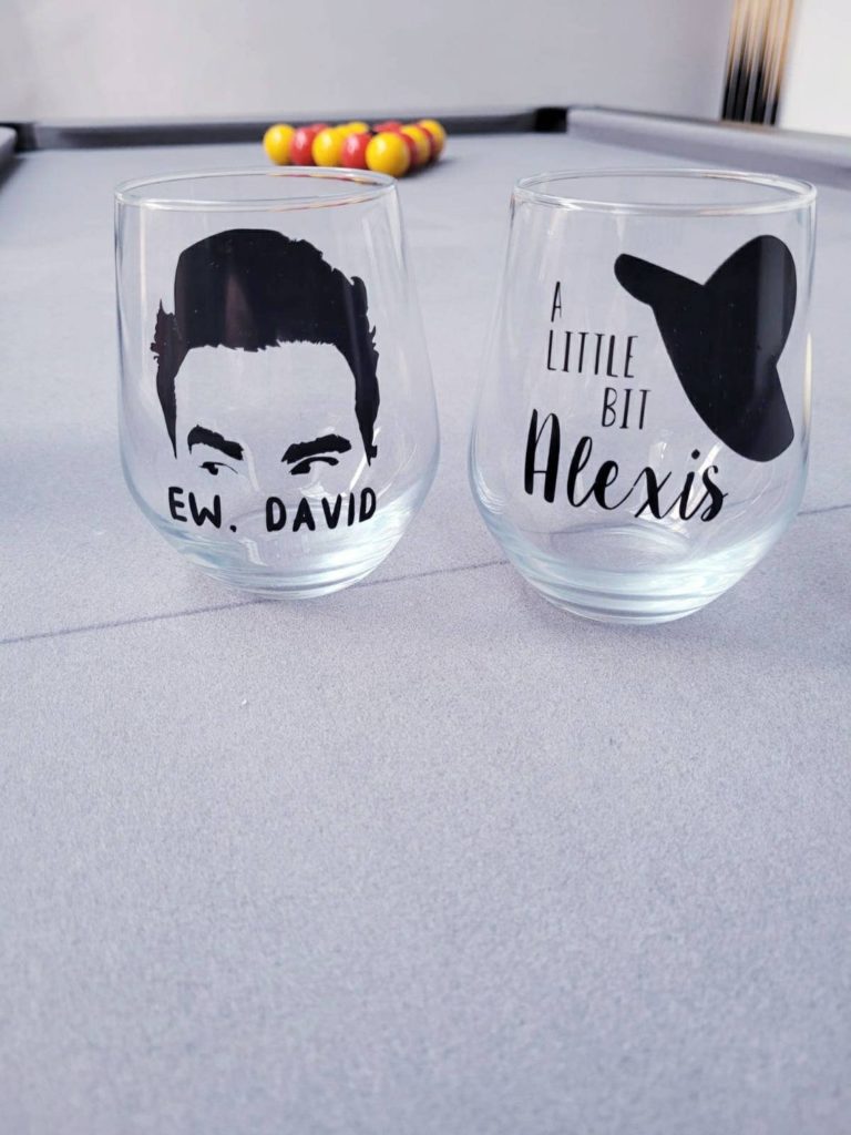 The Schitt's Creek themed stemless wine glasses. (LilyPopGiftsBoutique/Etsy)