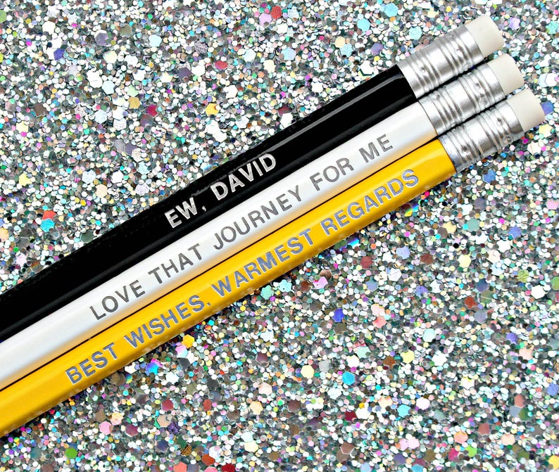 The set of Schitt's Creek themed pencils. (LucyMadeMe/Etsy)