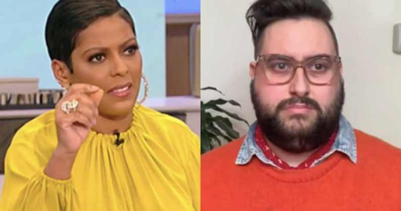 Tamron Hall in a yellow top gestures. Sherry Pie in an orange jumper stared directly at the camera