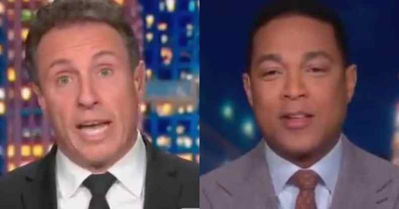 On the left: Chris Cuomo speaking in a black suit and white shirt. On the right: Don Lemon makes a befuddled expression, wearing a grey suit, blue shirt and brown tie