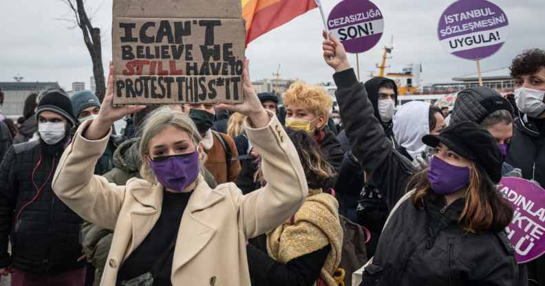 Demonstrators gathered in the Kadikoy district of Istanbul, Turkey, to protest against president Recep Tayyip Erdogan's decision to leave the Istanbul Convention