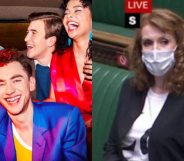 On the left: The cast of It's a Sin, including Olly Alexander. On the right: Angela Rayner sits on the front bench in parliament wearing a t-shirt reading: 'La'