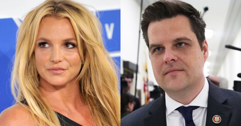 On the left: Britney Spears in a black dress poses. On the right: Matt Gaetz in a suit walks through a corridor with paparazzi behind h