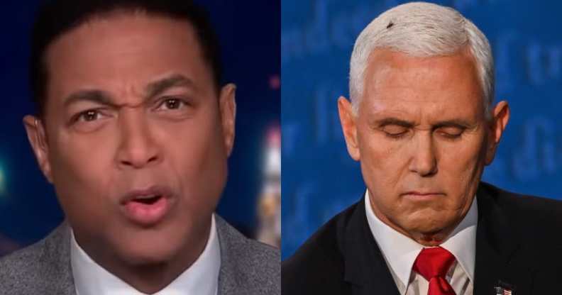 On the left: a screen grab of an angry Don Lemon talking to camera. On the right: Mike Pence, looking down, a fly resting on his white hair