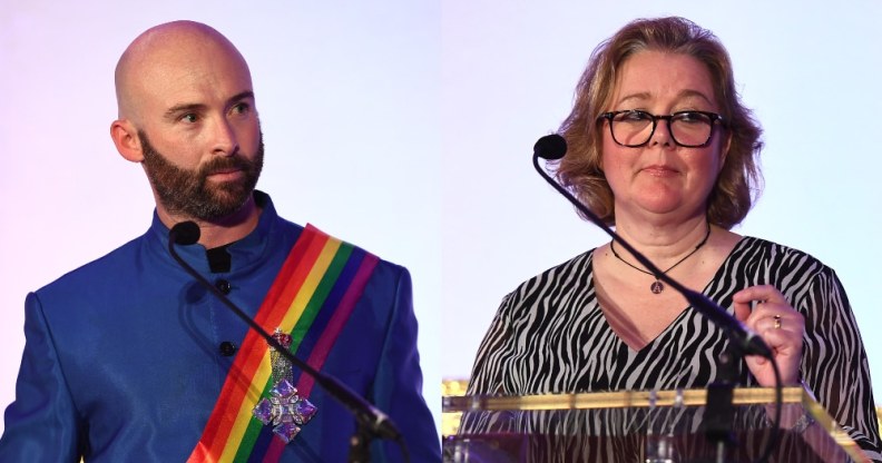 Side-by-side headshots of Alison Camps and Michael Salter-Church speaking behind a podium