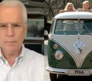 On the left: Frank Wright speaks to the camera in a white shirt. On the right: Two women look out of a Volkswagen Samba bus