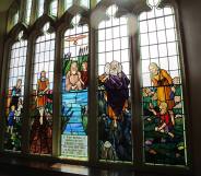 Stained glass windows at Mills Hill Baptist Church