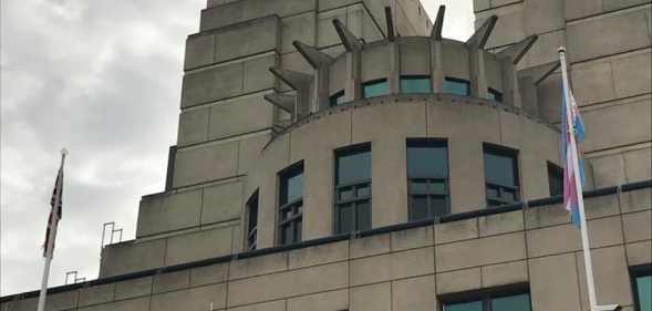 The trans Pride flag flying at the Vauxhall Cross MI6 headquarters