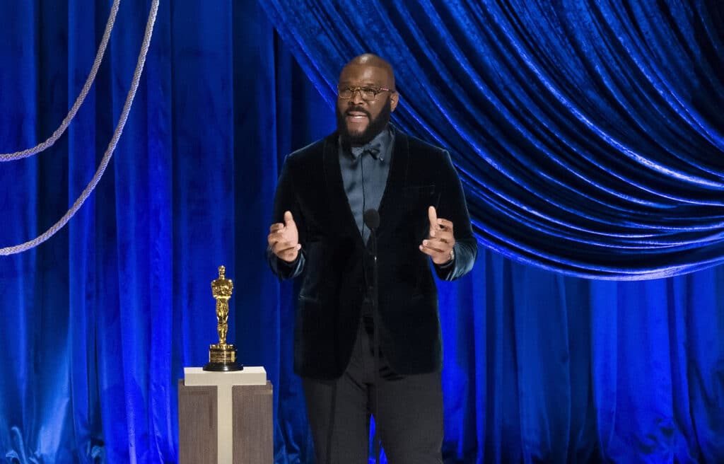 Honouree Tyler Perry accepts the Jean Hersholt Humanitarian Award onstage 