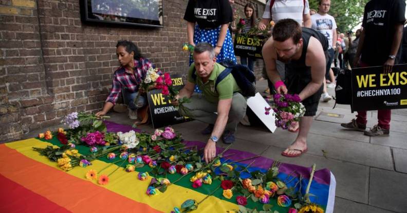 Demonstrators LGBT Chechnya Russian Embassy London