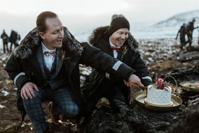 Gay couple tie the knot at the foot of an erupting Icelandic volcano