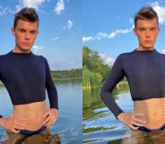 In a side-by-side, Lewis Freese posts in a cropped top in the middle of a lake, their stomach visible