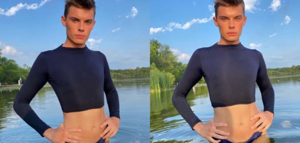 In a side-by-side, Lewis Freese posts in a cropped top in the middle of a lake, their stomach visible