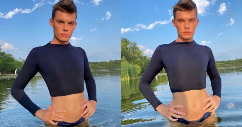 In a side-by-side, Lewis Freese posts in a cropped top in the middle of a lake, their stomach visible