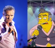 On the left: Morrissey in a pink shirt sings into the microphone. On the right: A character on The Simpsons in a pink shirt, holding a microphone and a hamburger while on stage