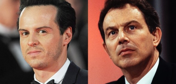 On the left: Headshot of Andrew Scott in a tuxedo. On the right: Headshot of Tony Blair in a suit.