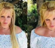 Side-by-side of two images of Britney Spears posing to the camera in front of bushes in a crop top