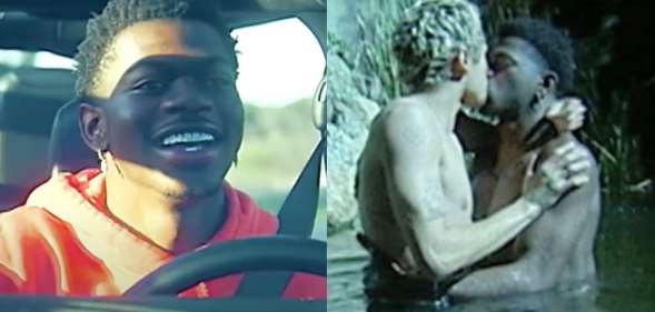 On the left: Lil Nas X smiles as he drives a car. On the right: Dominic Fike and Lil Nas X, shirtless, share a kiss while half-submerged in a river