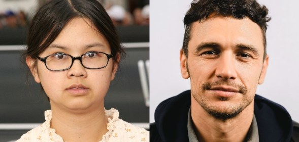 On the left: A headshot of Charlyne Yi on the red carpet. On the right: A headshot of James Franco, smirking