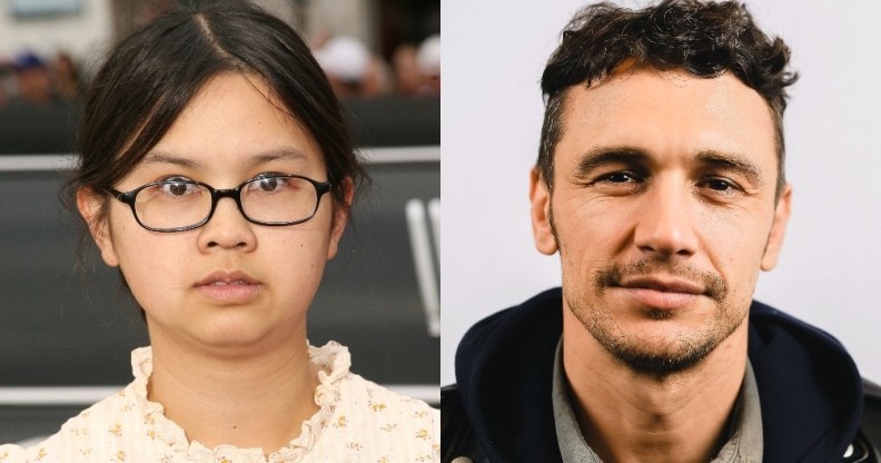 On the left: A headshot of Charlyne Yi on the red carpet. On the right: A headshot of James Franco, smirking